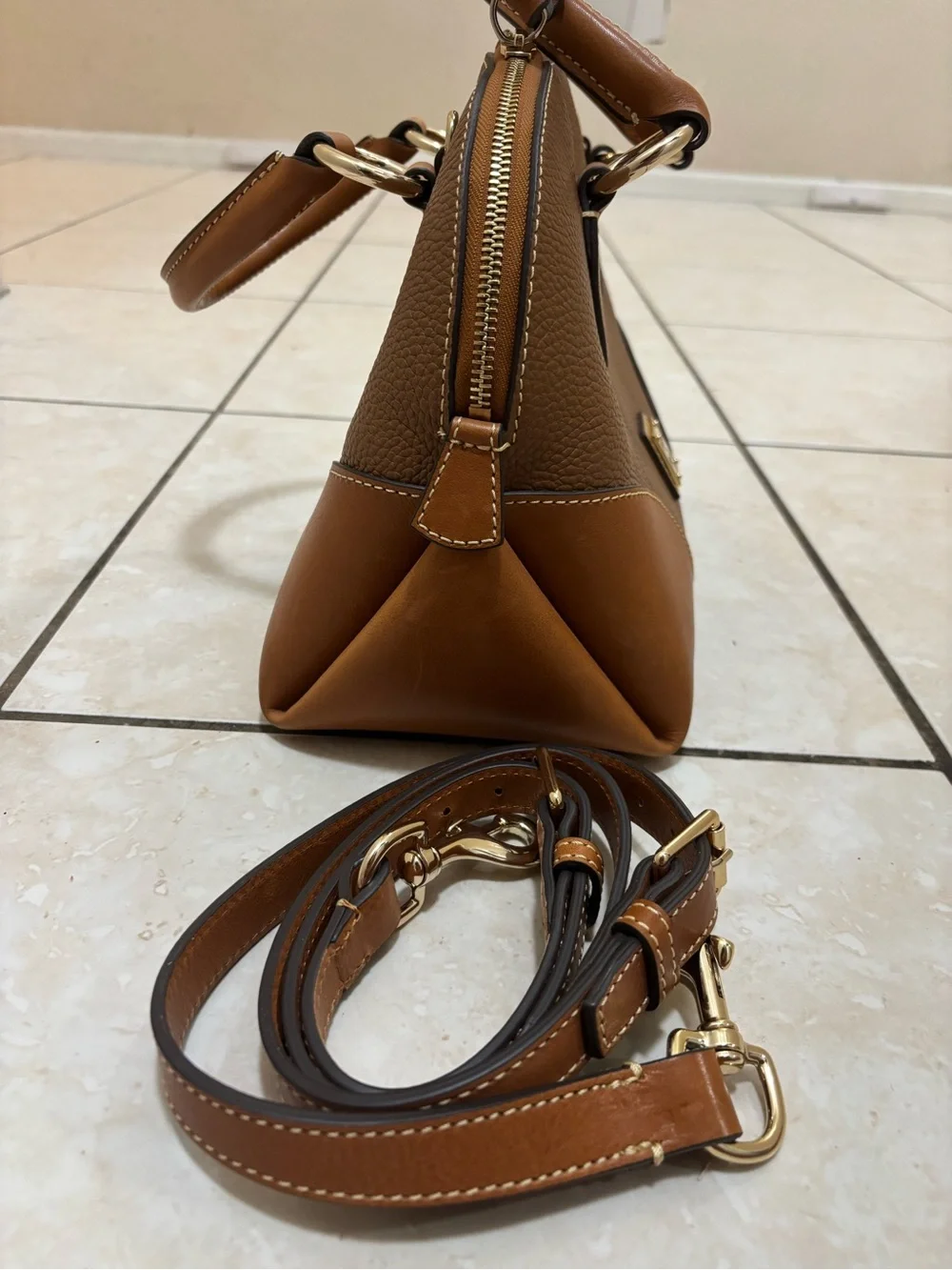 Dooney & Bourke Tan Brown Pebble Leather Satchel with Gold Hardware